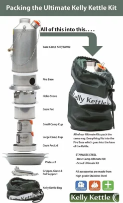 Kelly Kettle Scout Kit 41 Oz Stainless Camp Kettle W/ Stove For Fishing, Hunting, Hiking