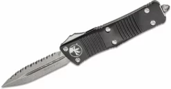All Knife Brands Microtech 138-12 Troodon D/E F/S - Black Handle - Full Serrations - Stonewash Blade