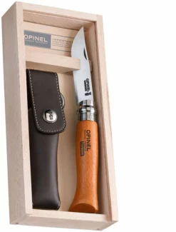 Opinel No.8 Carbon Knife With Sheath, Wooden Slide Gift Box (France)